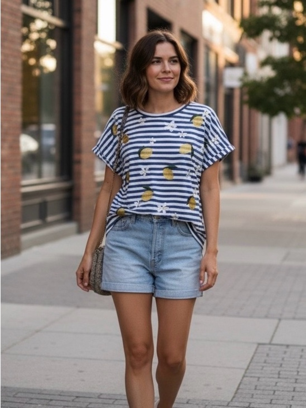On Twelfth T-Shirt Womens  Blue White Striped Lemon Flower Embroidered Top Sz XL